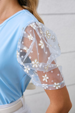 Beau Blue Flower Mesh Sleeve Slim Fit Blouse