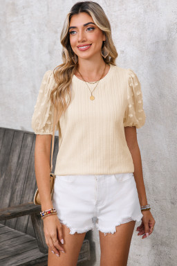 Apricot Swiss Dot Mesh Puff Sleeve Textured Top