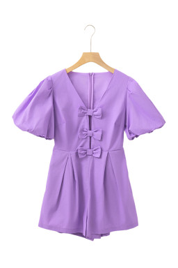 Wisteria Solid Color Bow Puff Sleeve High Waist Romper