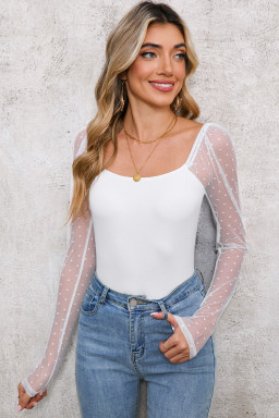 White Dotted Mesh Long Sleeve Cropped Blouse