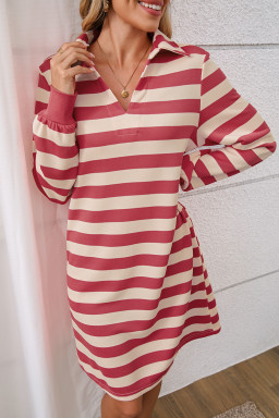 Pink Stripe Pocketed Collared V Neck Loose Fit Mini Dress
