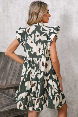 Green Vintage 60s Floral Tiered Pleated Loose Mini Dress