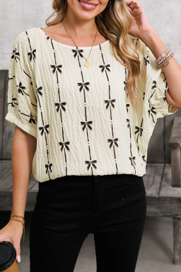 Beige Bow Print Striped Puff Short Sleeve Blouse