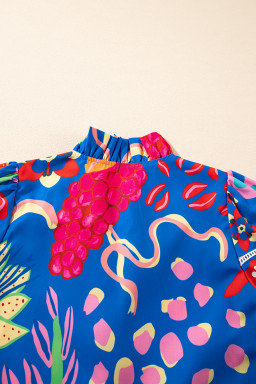 Blue Frill V-neck Abstract Print Blouse