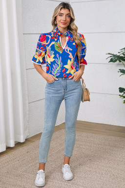 Blue Frill V-neck Abstract Print Blouse