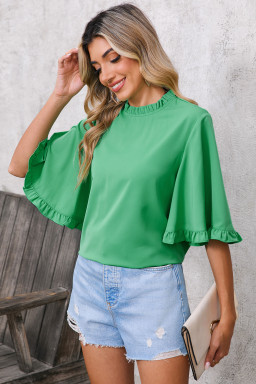 Green Frilly Round Neck Wide Half Sleeve Blouse
