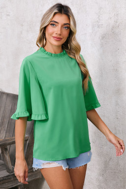 Green Frilly Round Neck Wide Half Sleeve Blouse