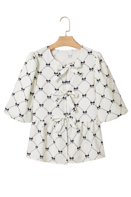 White Checkered Bow Print Knot Front Puff Sleeve Blouse