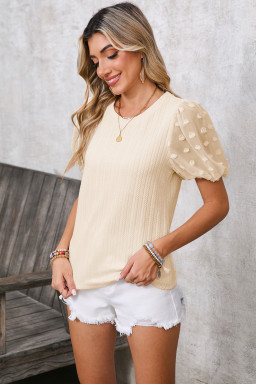 Apricot Swiss Dot Mesh Puff Sleeve Textured Top