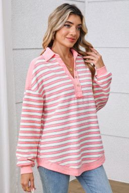 Pink Stripe Collared V Neck Drop Shoulder Top