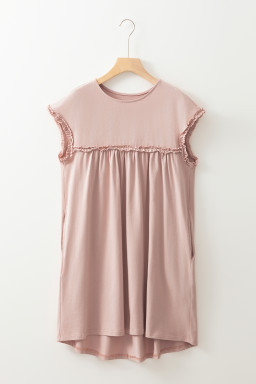Oatmeal Frilled Trim Crewneck Loose Fit Mini Dress