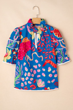 Blue Frill V-neck Abstract Print Blouse