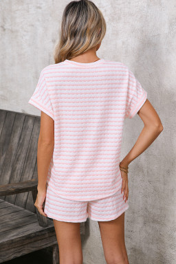 Pink Striped Print Short Sleeve Top and Pocket Shorts Set