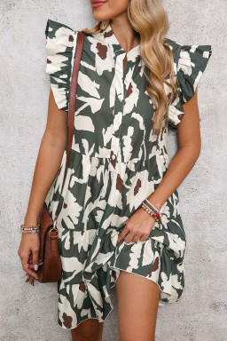 Green Vintage 60s Floral Tiered Pleated Loose Mini Dress