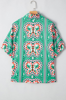 Sea Green Boho Geometric Print Pop of Color Neckline Blouse