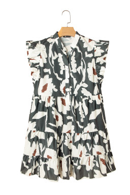 Green Vintage 60s Floral Tiered Pleated Loose Mini Dress