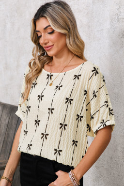 Beige Bow Print Striped Puff Short Sleeve Blouse
