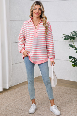 Pink Stripe Collared V Neck Drop Shoulder Top
