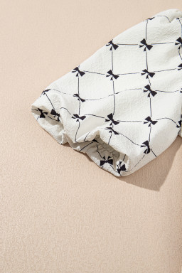 White Checkered Bow Print Knot Front Puff Sleeve Blouse