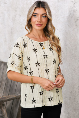 Beige Bow Print Striped Puff Short Sleeve Blouse