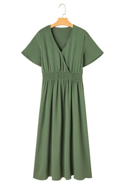 Green Surplice Neckline Smocked High Waist Plus Size Maxi Dress