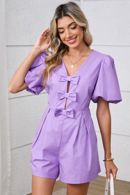 Wisteria Solid Color Bow Puff Sleeve High Waist Romper