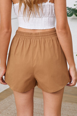 Khaki Embroidered Tassel Tie Elastic Waist Shorts