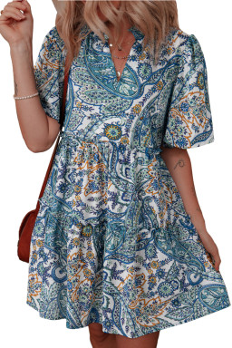 Blue Bohemian Paisley Floral V Neck Puff Sleeve Mini Dress