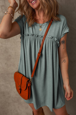 Mist Green Frilled Seam Round Neck T Shirt Dress