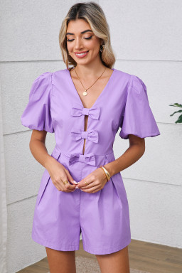 Wisteria Solid Color Bow Puff Sleeve High Waist Romper