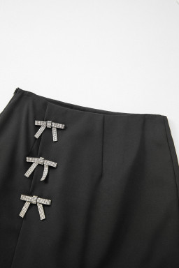 Black Rhinestone Bow High Waist Mini Skirt