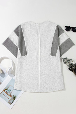 Light Grey Two Tone Contrast Waffle Knit Patched Buttoned V Neck Top