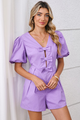 Wisteria Solid Color Bow Puff Sleeve High Waist Romper