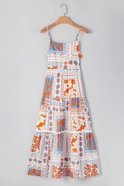 Orange Floral Print Ricrac Trim Spaghetti Straps Maxi Dress