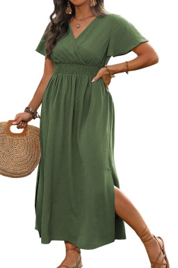Green Surplice Neckline Smocked High Waist Plus Size Maxi Dress