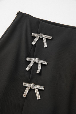 Black Rhinestone Bow High Waist Mini Skirt