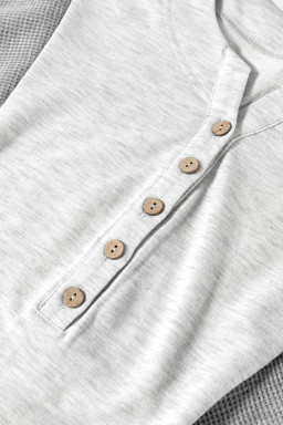 Light Grey Two Tone Contrast Waffle Knit Patched Buttoned V Neck Top