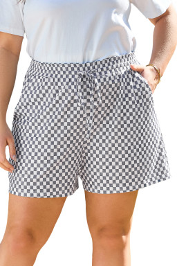 Gray Checkerboard Drawstring High Waist Plus Size Shorts