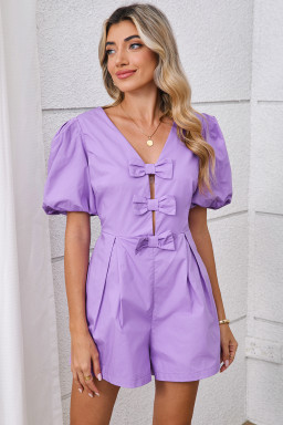 Wisteria Solid Color Bow Puff Sleeve High Waist Romper