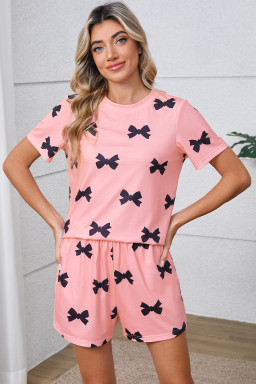 Pink Allover Bow Print Pockets Cropped Pajama Set