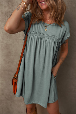 Mist Green Frilled Seam Round Neck T Shirt Dress