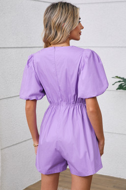Wisteria Solid Color Bow Puff Sleeve High Waist Romper