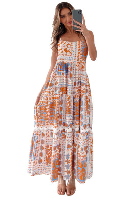 Orange Floral Print Ricrac Trim Spaghetti Straps Maxi Dress