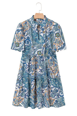 Blue Bohemian Paisley Floral V Neck Puff Sleeve Mini Dress