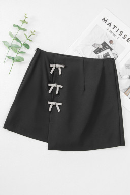 Black Rhinestone Bow High Waist Mini Skirt