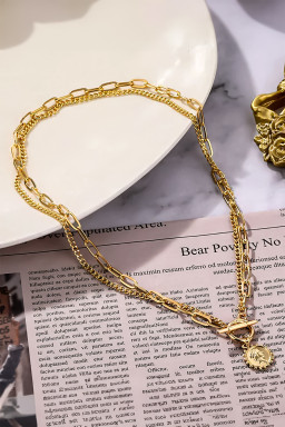 Gold Plated Vintage Carved Coin Pendant Link Chain Necklace