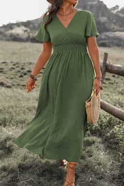 Green Surplice Neckline Smocked High Waist Plus Size Maxi Dress