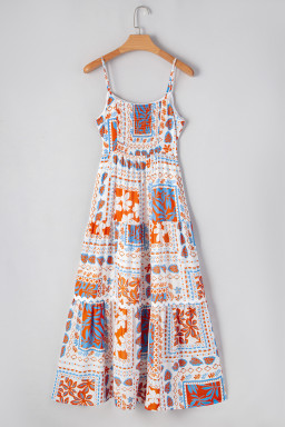 Orange Floral Print Ricrac Trim Spaghetti Straps Maxi Dress