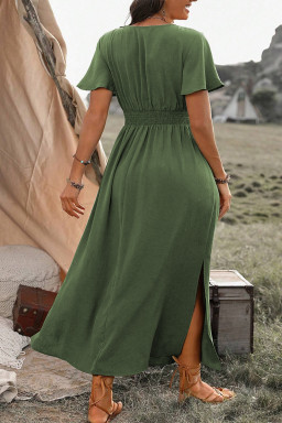 Green Surplice Neckline Smocked High Waist Plus Size Maxi Dress