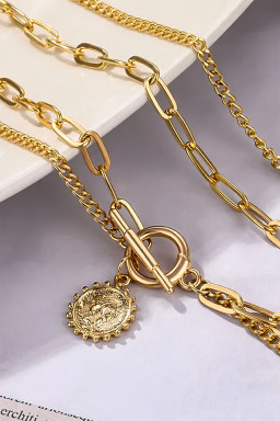 Gold Plated Vintage Carved Coin Pendant Link Chain Necklace